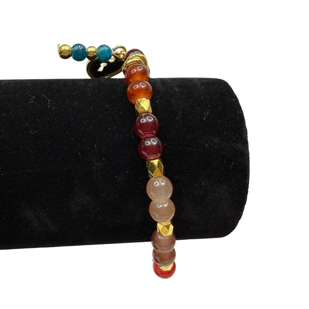 Boho Colorful Glass Gemstone Heart Charm Bracelet Gold Tone Stretch Band Wrist 7